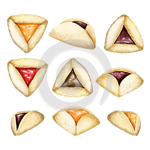 Purim Haman ears cookies, set of traditional Jewish holiday hamantaschen dessert with different fillings
