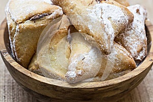 Purim holiday cookies, chocolate-filled cookies Ozne Haman in Hebrew. Haman's ears