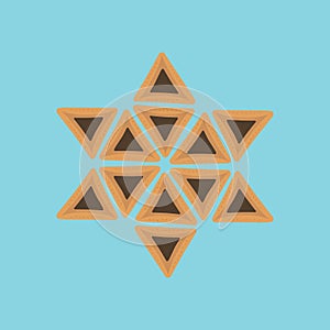 Purim holiday flat design icons of hamantashs in star of david s