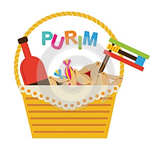 Purim holiday gifts with hamantaschen cookies and candy