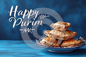 Purim holiday greeting card, Jewish holiday Purim with traditional hamantaschen cookies and coins. Located on a blue