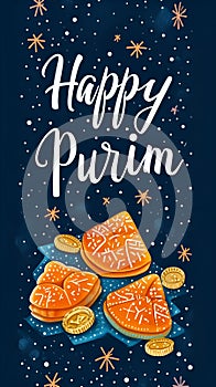 Purim holiday greeting card, Jewish holiday Purim with traditional hamantaschen cookies and coins. Located on a blue