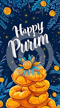 Purim holiday greeting card, Jewish holiday Purim with traditional hamantaschen cookies and coins. Located on a blue