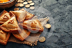 Purim holiday greeting card, Jewish holiday Purim with traditional hamantaschen cookies and coins. Located on a gray
