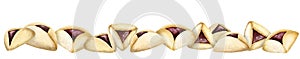 Purim horizontal banner with Haman ears, watercolor Hamantaschen cookies on white isolated background