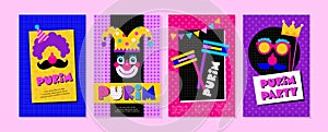 Purim- Jewish holiday and carnival funfair cards with masks and traditional Jewish items. happy Purim in Hebrew