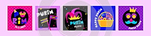 Purim- Jewish holiday and carnival funfair cards with masks and traditional Jewish items. happy Purim in Hebrew