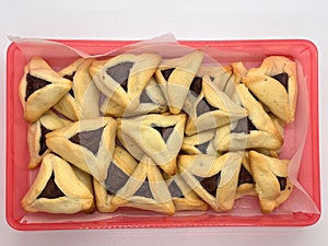 Purim jewish holiday cookies backed Hamentashen Ozen Haman in gift box