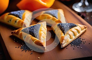 Purim pastries, traditional Jewish dish, national Jewish cuisine, homemade triangular pies with poppy seeds, Hamantashen,