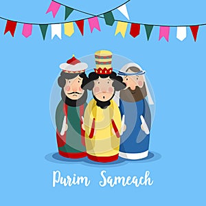 Purim Sameach holiday greeting card for the Jewish festival. Hand drawn king Ahasuerus, Haman and Mordecai and party