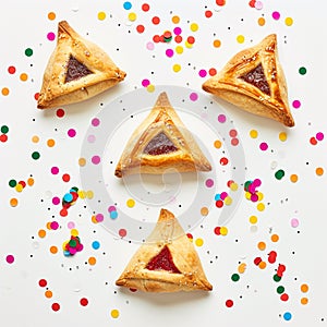 Purim Triangular cookies with ( hamantasch or aman ears ), colored candy for jewish holiday of purim celebration