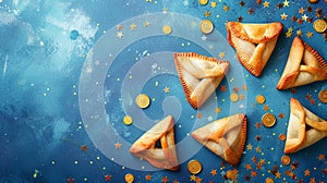 Purim Triangular cookies with ( hamantasch or aman ears ), colored candy for jewish holiday of purim celebration