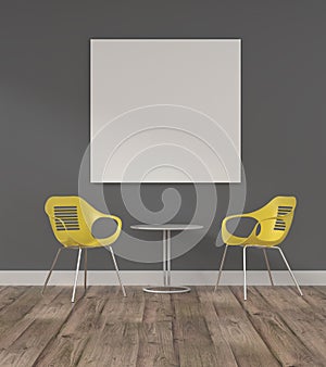 Puristic modern office room with a blank mock up poster