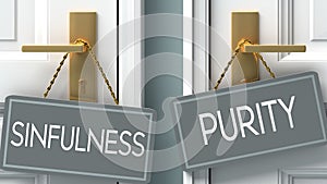 Purity or sinfulness as a choice in life - pictured as words sinfulness, purity on doors to show that sinfulness and purity are