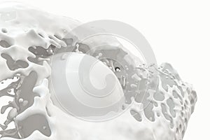 Purity splashing milk with flying spheres, 3d rendering