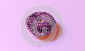 Purple 3D donut on a purple background is a realistic sweet dessert with a top. 3D rendering