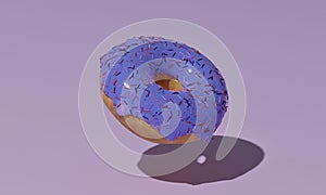 Purple 3D donut on a purple background is a realistic sweet dessert with a top. 3D rendering