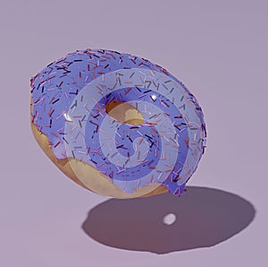 Purple 3D donut on a purple background is a realistic sweet dessert with a top. 3D rendering