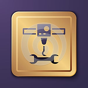 Purple 3D printer wrench spanner icon isolated on purple background. 3d printing. Gold square button. Vector
