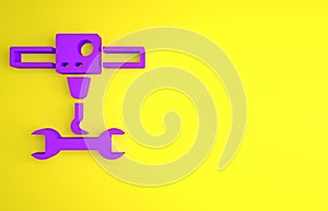 Purple 3D printer wrench spanner icon isolated on yellow background. 3d printing. Minimalism concept. 3D render