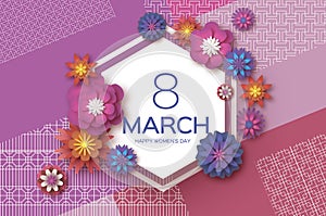 Purple 8 March. Gold Purple Happy Women`s Day. Mother`s Day. Paper cut Floral Greeting card.origami flower. ext. Hexagon