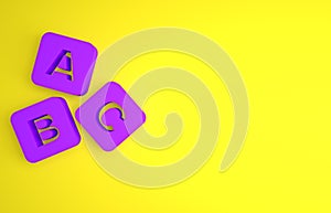 Purple ABC blocks icon isolated on yellow background. Alphabet cubes with letters A,B,C. Minimalism concept. 3D render