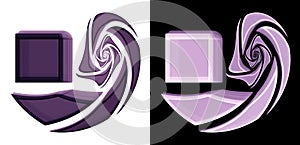 Purple abstract fractal geometric shapes, folded in a spiral on a white and black background. Graphic design elements set. 3d