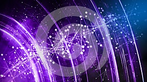 Purple abstract particle with smoke background. Mess communication technology network background with moving lines and dots. Tech