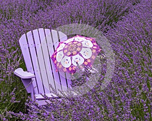 Purple Adirondack chair with parasol in lavender field