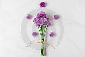 Purple alium wildflowers bouquet on white background. top view. flat lay. festive background