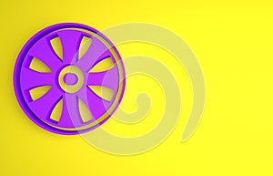 Purple Alloy wheel for car icon isolated on yellow background. Minimalism concept. 3D render illustration