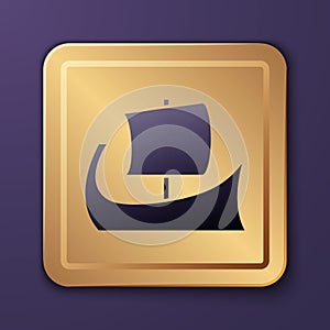 Purple Ancient Greek trireme icon isolated on purple background. Gold square button. Vector