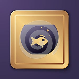 Purple Aquarium with fish icon isolated on purple background. Round glass aquarium. Aquarium for home and pets. Gold