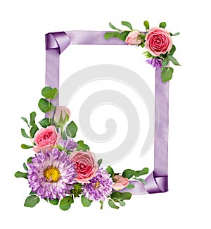 Purple asters and pink rose flowers with eucalyptus leaves in a