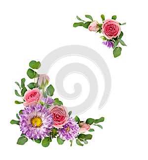 Purple asters and pink rose flowers with eucalyptus leaves in a