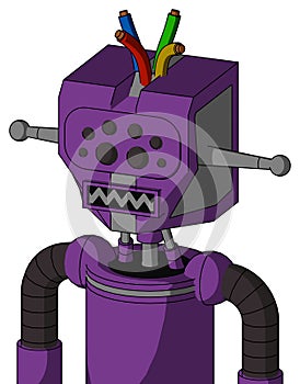 Purple Automaton With Mechanical Head And Square Mouth And Bug Eyes And Wire Hair