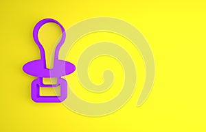 Purple Baby dummy pacifier icon isolated on yellow background. Toy of a child. Minimalism concept. 3D render