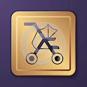Purple Baby stroller icon isolated on purple background. Baby carriage, buggy, pram, stroller, wheel. Gold square button