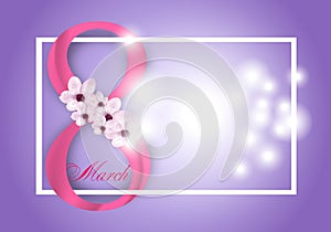 Purple Background for Holiday March 8 International Women`s Day. Frame with pink flowers and Digit eight. Vector