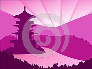 Purple background with Japan bilding on the lake