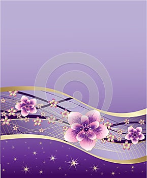 Purple background with pink and gold flowers