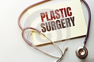 On a purple background a stethoscope with yellow list with text PLASTIC SURGERY