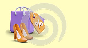 Purple bag, discount tag, high heels. Realistic vector composition in cartoon style