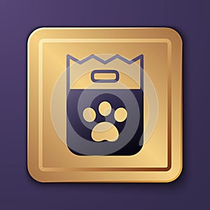 Purple Bag of food for dog icon isolated on purple background. Dog or cat paw print. Food for animals. Pet food package