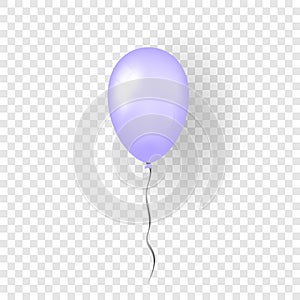 Purple balloon 3D, thread, isolated white transparent background. Color glossy flying baloon, ribbon, birthday celebrate