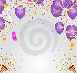 Purple balloons, confetti concept design template Happy background Celebration Vector illustration. fun decor glitters. Abstract