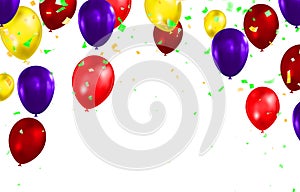 Purple balloons and confetti on white background. Vector illustration