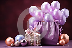 Purple balloons with a gift bag on a dark purple background.