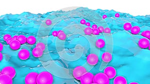 Purple balls move on a turquoise wave surface. animated lbackground. 3d render