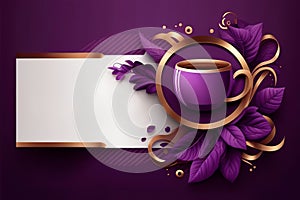 purple banner with a cup pf coffee with golden details, blank place for text, background, generative AI